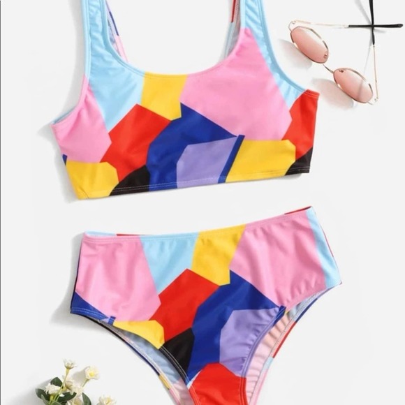 Tropical colorblock scoop neck wireless bra high waist bikini swimsuit Sz S - Picture 1 of 5